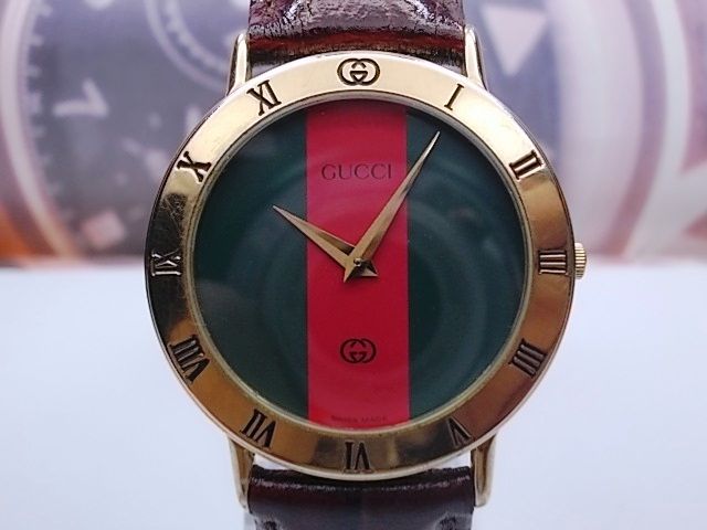 Gucci Gold Plated Quartz Mens Watch Model 3000m Redgreen Dial