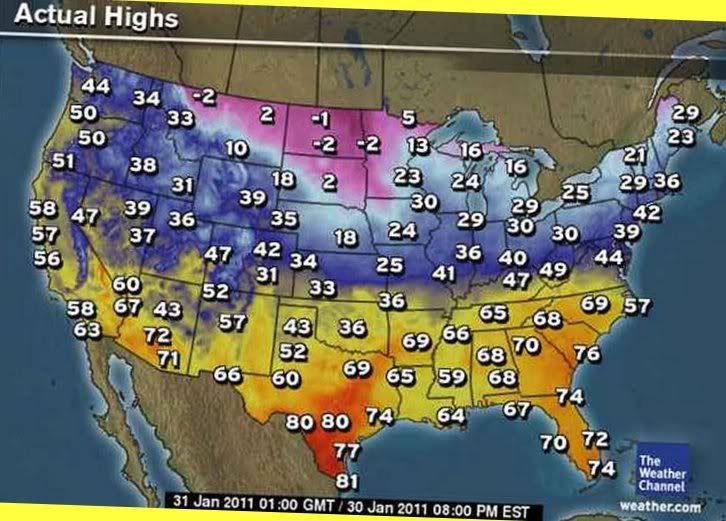 Yesterdays (1/30/2010) Highs/Lows in the USA (temperatures, city, most, North) Weather