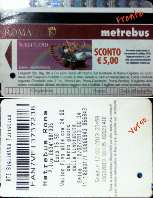 Bilhete metrebus Frente e verso