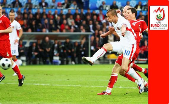 Switzerland v Czech - Vaclav Sverkos getting an awesome 'shin' onto the ball to send it through for the tournament's opening goal