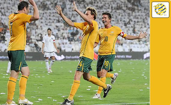Socceroos - The lads celebrate Emo's second goal of the game