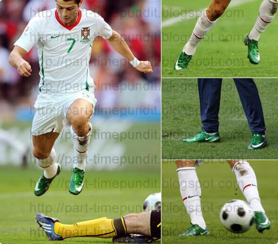 In action: Cristiano Ronaldo wearing his green Nike Mercurial Vapor's