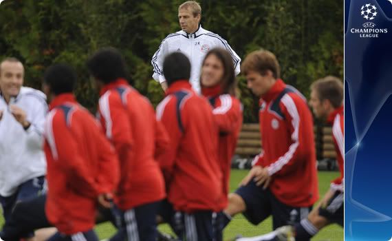 Bayern train as coach Juergen Klinsmann thinks about what shirt he'll wear at tomorrow's match... I bet it's one of those tight three-quarter ones!