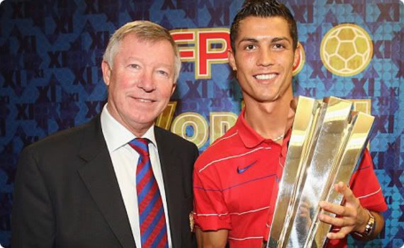 Cristiano Ronaldo, alongside Alex 'Sir. Ferg' Ferguson, holds up the FIFPro trophy