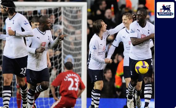 Tottenham celebrate their equaliser against Liverpool