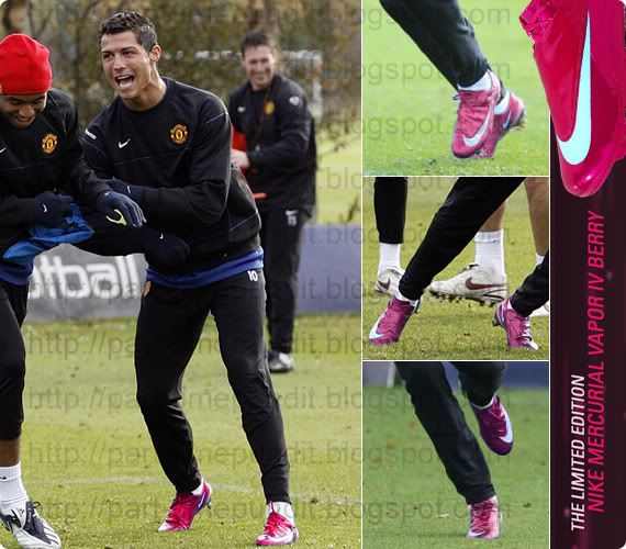An artists impression of Cristiano Ronaldo wearing the Nike Mercurial Vapor IV Berry/Pink at training... notice the laughs he is receiving from everyone?