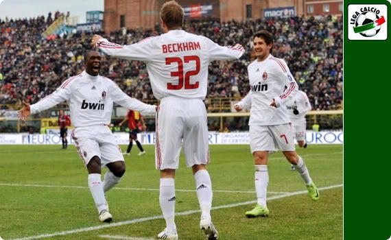 David Beckham celebrates his first goal for AC Milan against Bologna