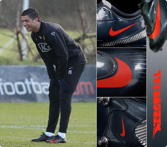 Cristiano Ronaldo wearing the Nike Mercurial Vapor IV charcoal / orange / silver boots at training