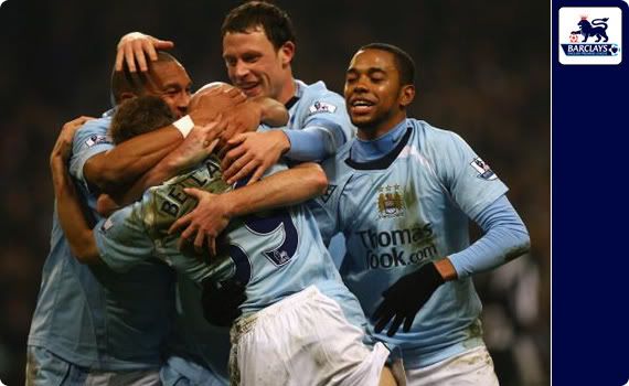 Manchester City celebrate Craig Bellamy's goal against Newcastle United