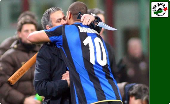 Mourinho hugs Adriano after his hand-goal against Milan. Was it a sign of redemption or just one for the cameras?