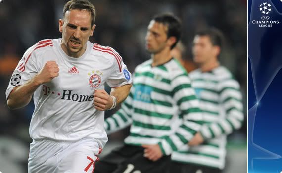 Frank Ribery get his first of two for the night in Bayerns demolition of Sporting
