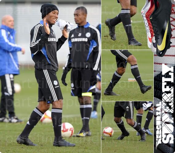Didier Drogba wearing an unmarked version of the Nike Mercurial Vapor Superfly's at training on the 2nd March, 2009