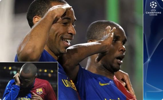 Thierry Henry and Samuel Eto'o salute their fans. Inset: Henry calls Robocop with his wrist phone after scoring a brace against Lyon