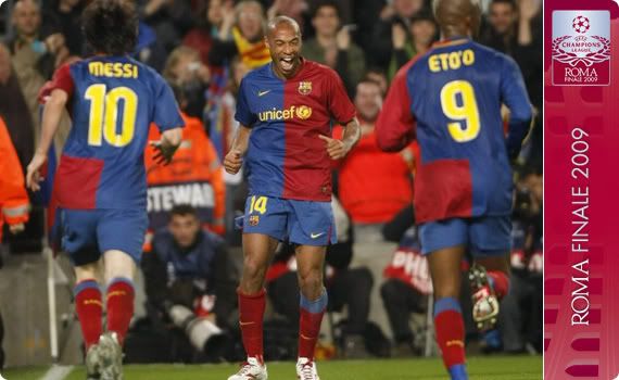 Henry celebrates after setting up Messi for his second against Bayern