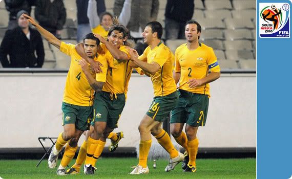 Australia celebrate Tim Cahill's first of two goals against Japan