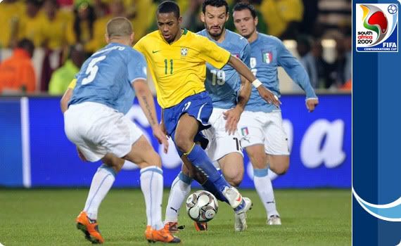 Robinho weaving his magic against the might, or lack there of, of the aging Azzurri