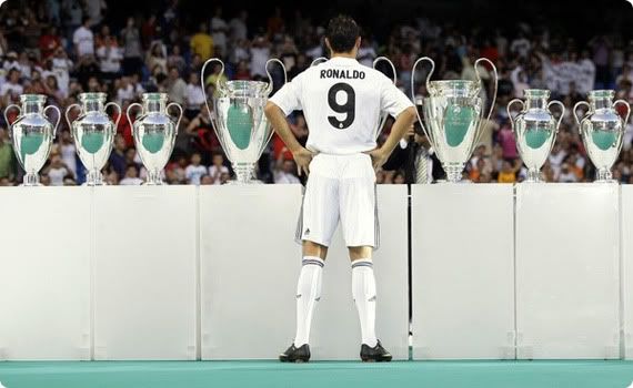 Cristiano Ronaldo wearing the infamous all-white strip and number nine of Real Madrid