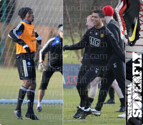Didier Drogba and Cristiano Ronaldo training with unmarked pairs of the Nike Mercurial Superfly's earlier this year