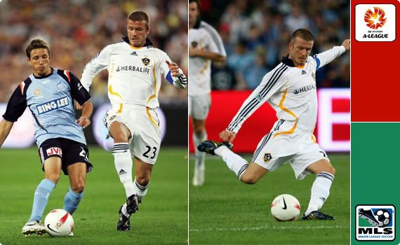 Left: Juninho takes on Becks | Right: Becks taking his trademark free kick