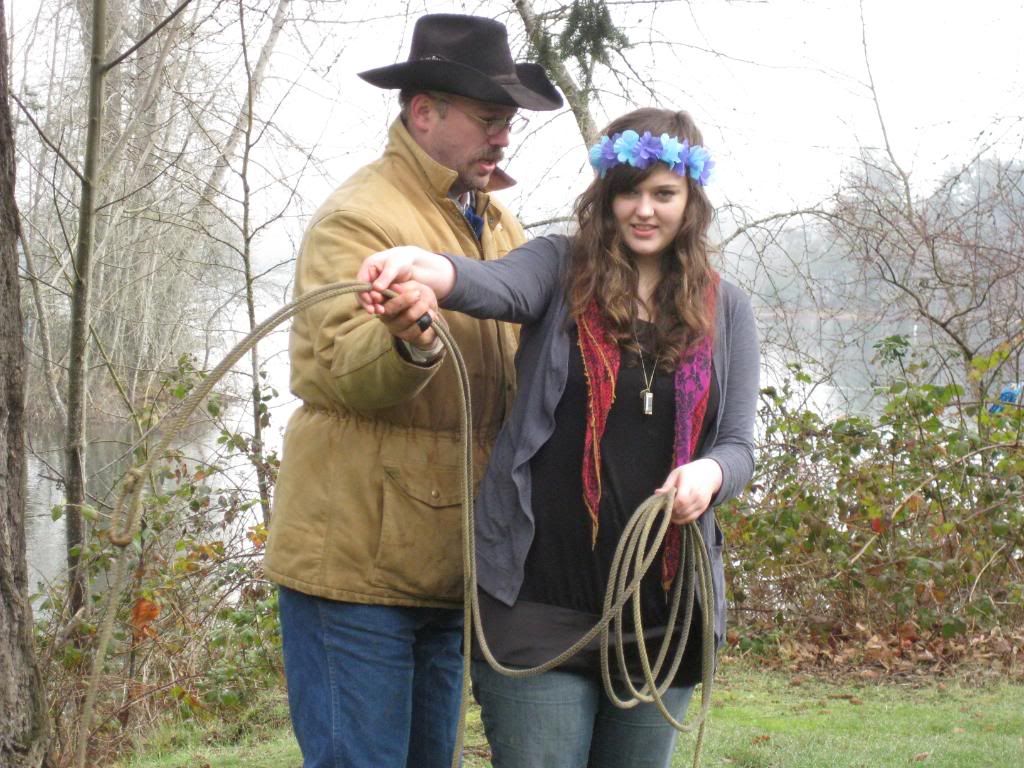 Jewell learning the fine art of Roping by Roping Roy! Roping Roy teaching Jewell how to rope!