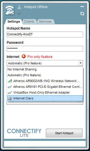 Configuración de Connectify para compartir la conexión wi-fi