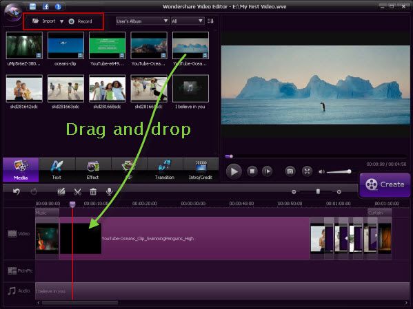 Interfaz principal de Wondershare Video Editor (drag-and-drop)