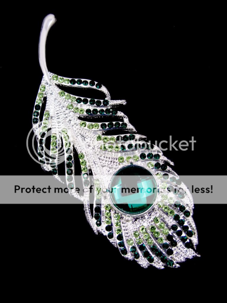 GREEN FEATHER BROOCH PIN MADE W SWAROVSKI CRYSTAL NEW  